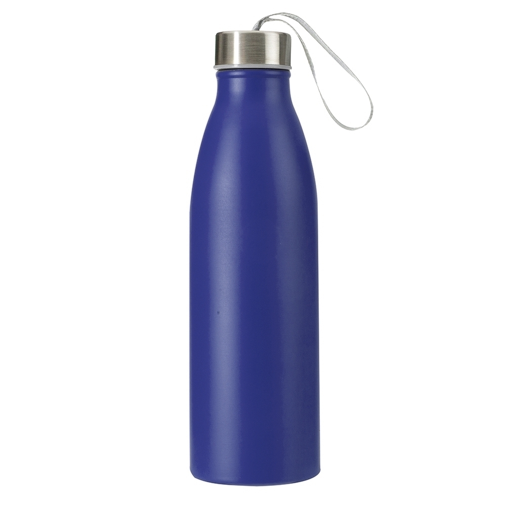 Garrafa inox 750 ml com alça de nylon embutida na tampa personalizada com a logo da empresa, na cor azul / inox