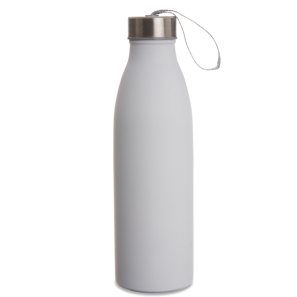 Garrafa inox 750 ml com alça de nylon embutida na tampa personalizada com a logo da empresa, na cor branco / inox
