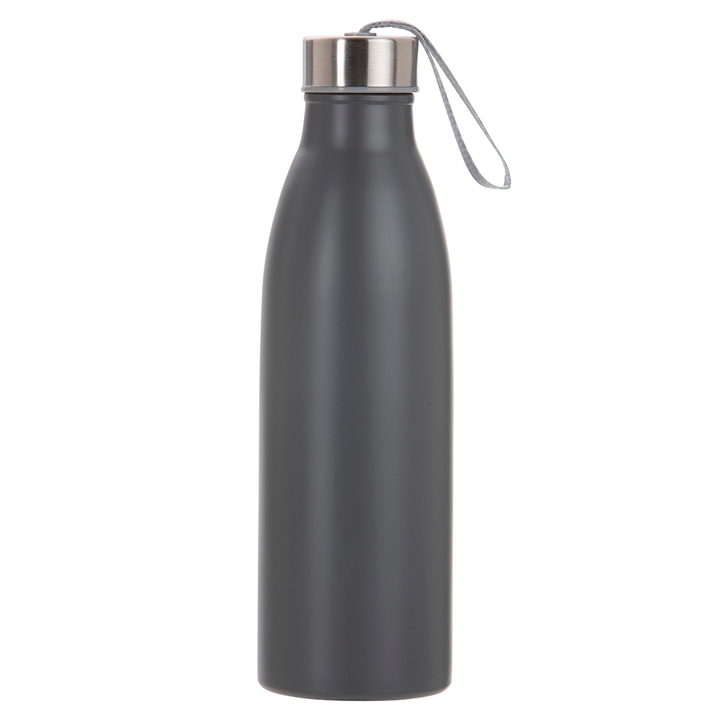 Garrafa inox 750 ml com alça de nylon embutida na tampa personalizada com a logo da empresa, na cor cinza
