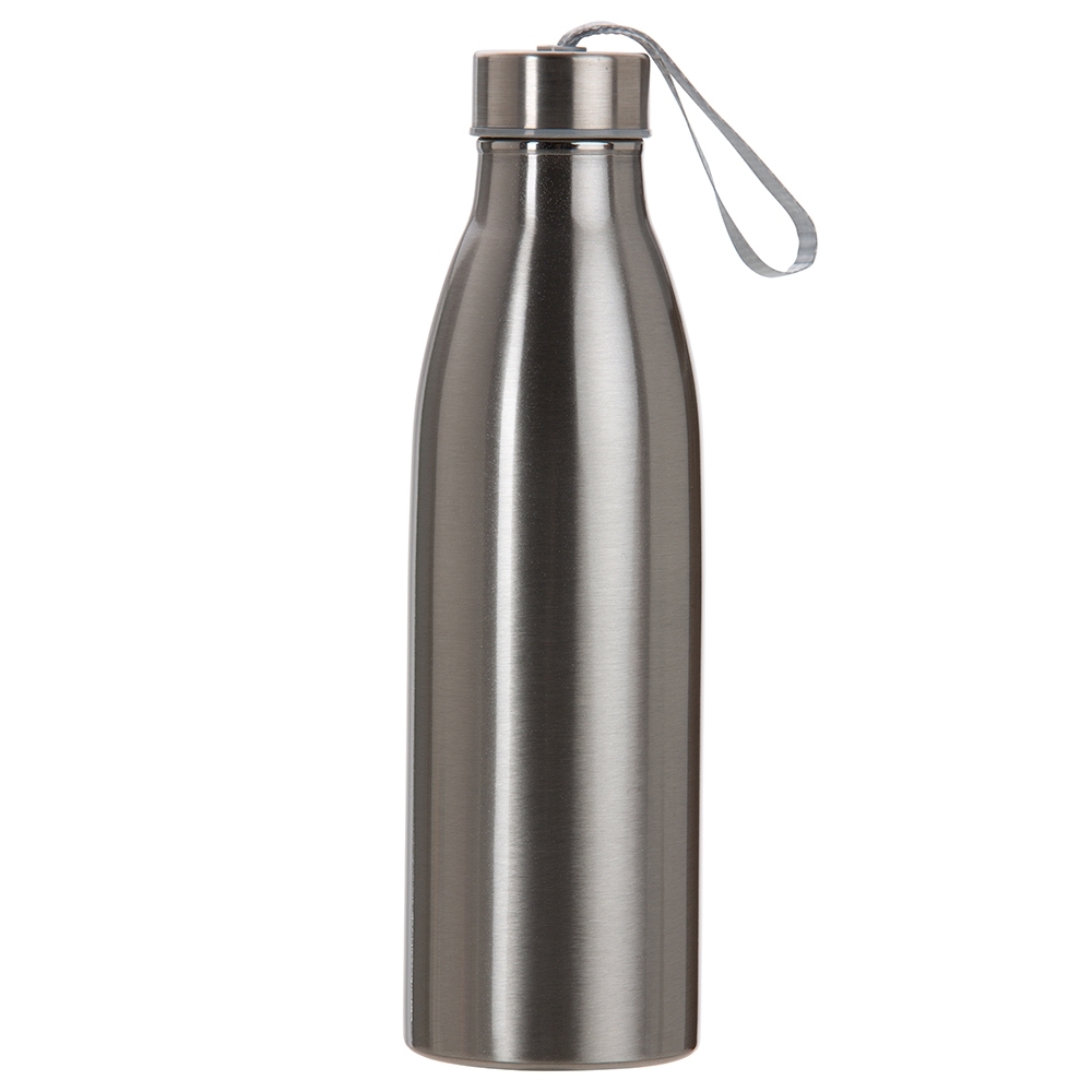 Garrafa inox 750 ml com alça de nylon embutida na tampa personalizada com a logo da empresa, na cor inox