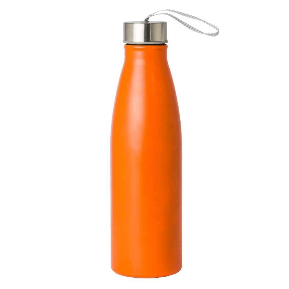 Garrafa inox 750 ml com alça de nylon embutida na tampa personalizada com a logo da empresa, na cor laranja / inox