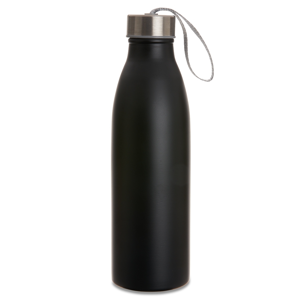 Garrafa inox 750 ml com alça de nylon embutida na tampa na cor Preto / Inox, personalizada com a logo da empresa
