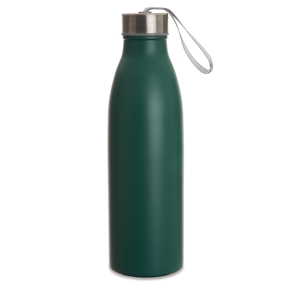 Garrafa inox 750 ml com alça de nylon embutida na tampa personalizada com a logo da empresa, na cor verde / inox