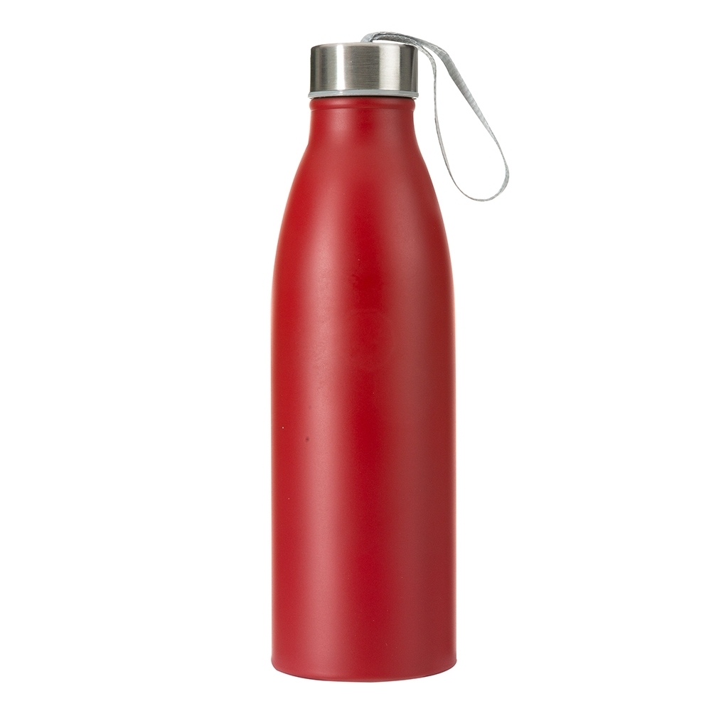 Garrafa inox 750 ml com alça de nylon embutida na tampa personalizada com a logo da empresa, na cor vermelho