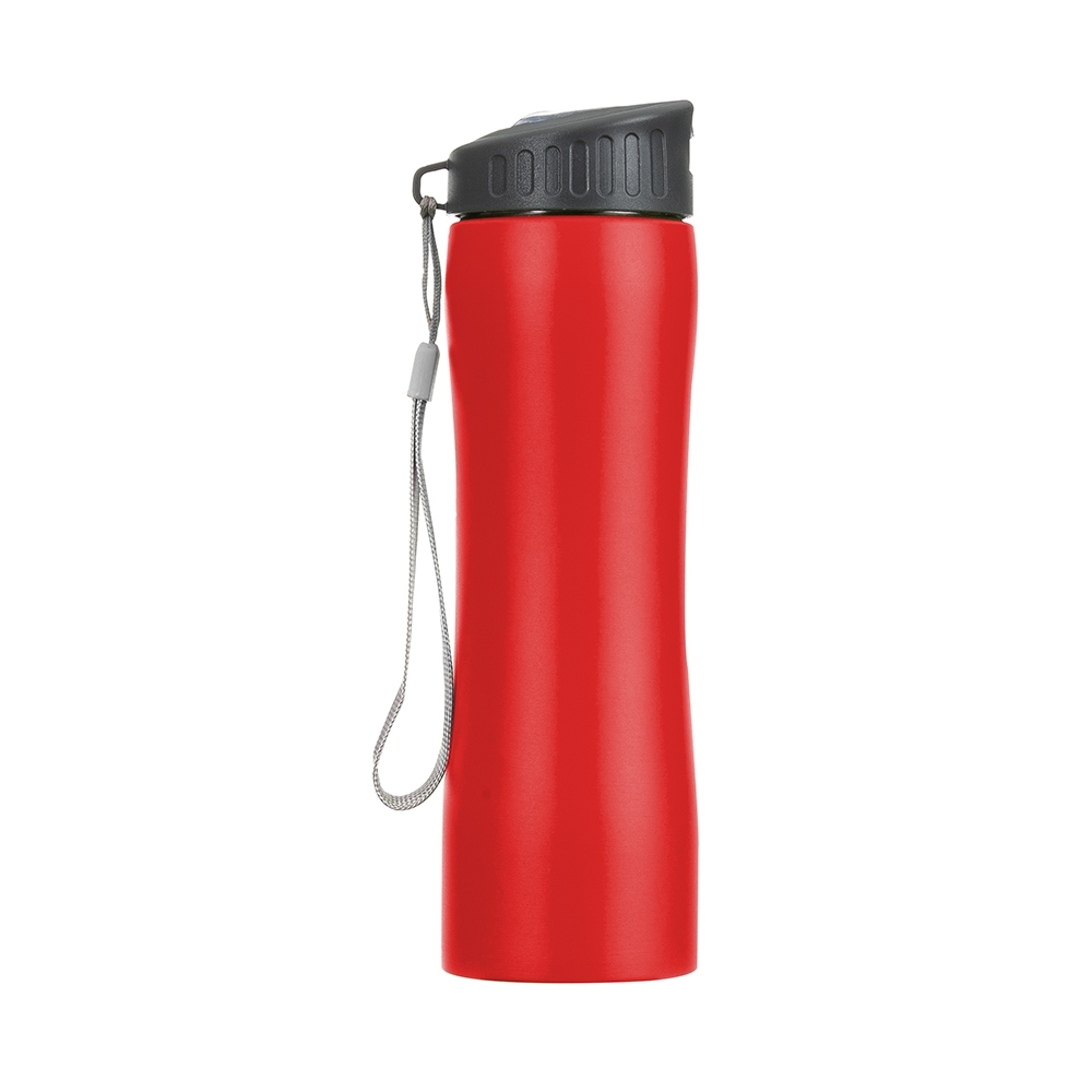 Squeeze 600 ml inox com alça personalizado com a logo da empresa, na cor vermelho / cinza