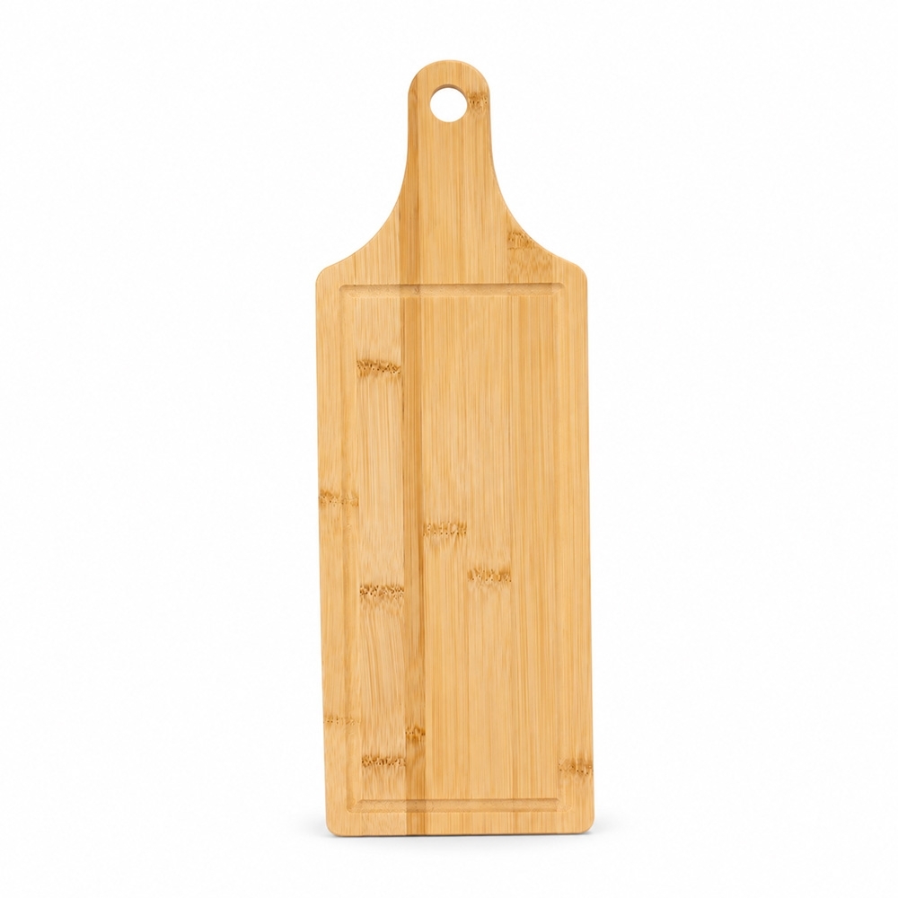 Tábua de corte de bambu com canaleta personalizada com a logo da empresa