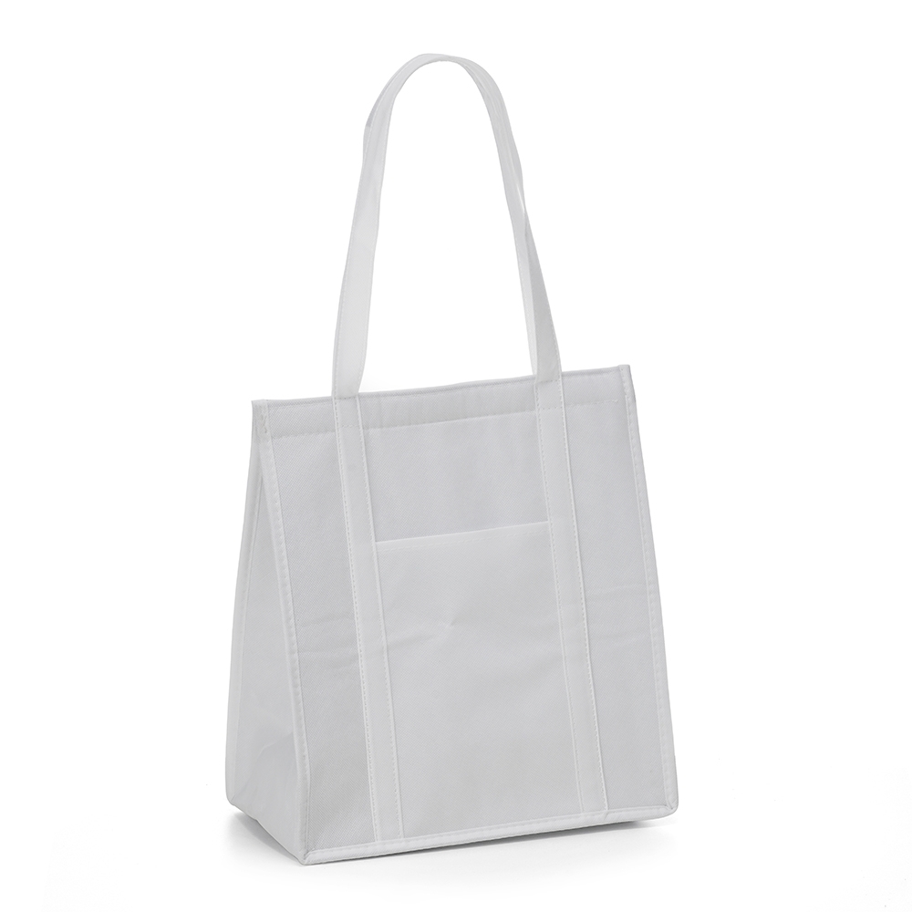 Sacola térmica 18 litros com bolso frontal personalizada com a logo da empresa, na cor branco