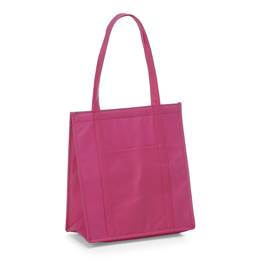Sacola térmica 18 litros com bolso frontal personalizada com a logo da empresa, na cor rosa