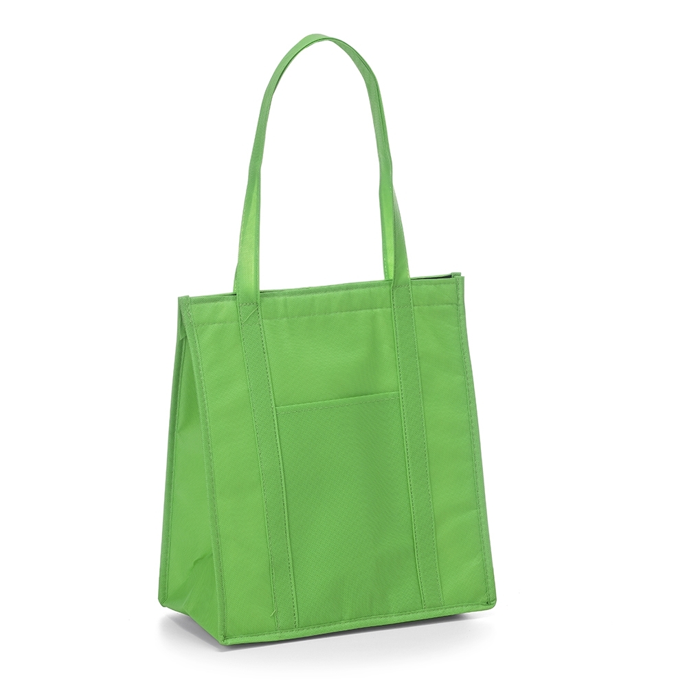Sacola térmica 18 litros com bolso frontal personalizada com a logo da empresa, na cor verde