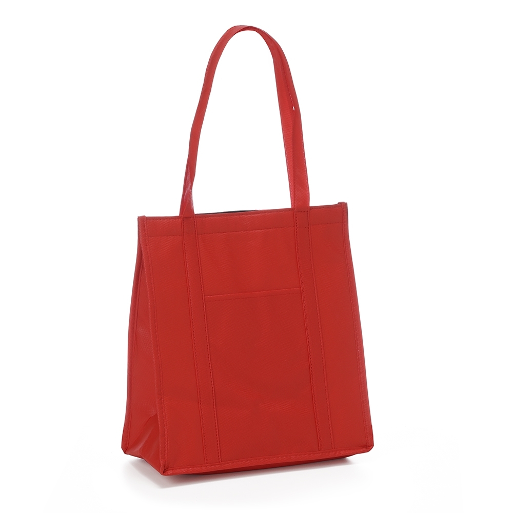 Sacola térmica 18 litros com bolso frontal personalizada com a logo da empresa, na cor vermelho