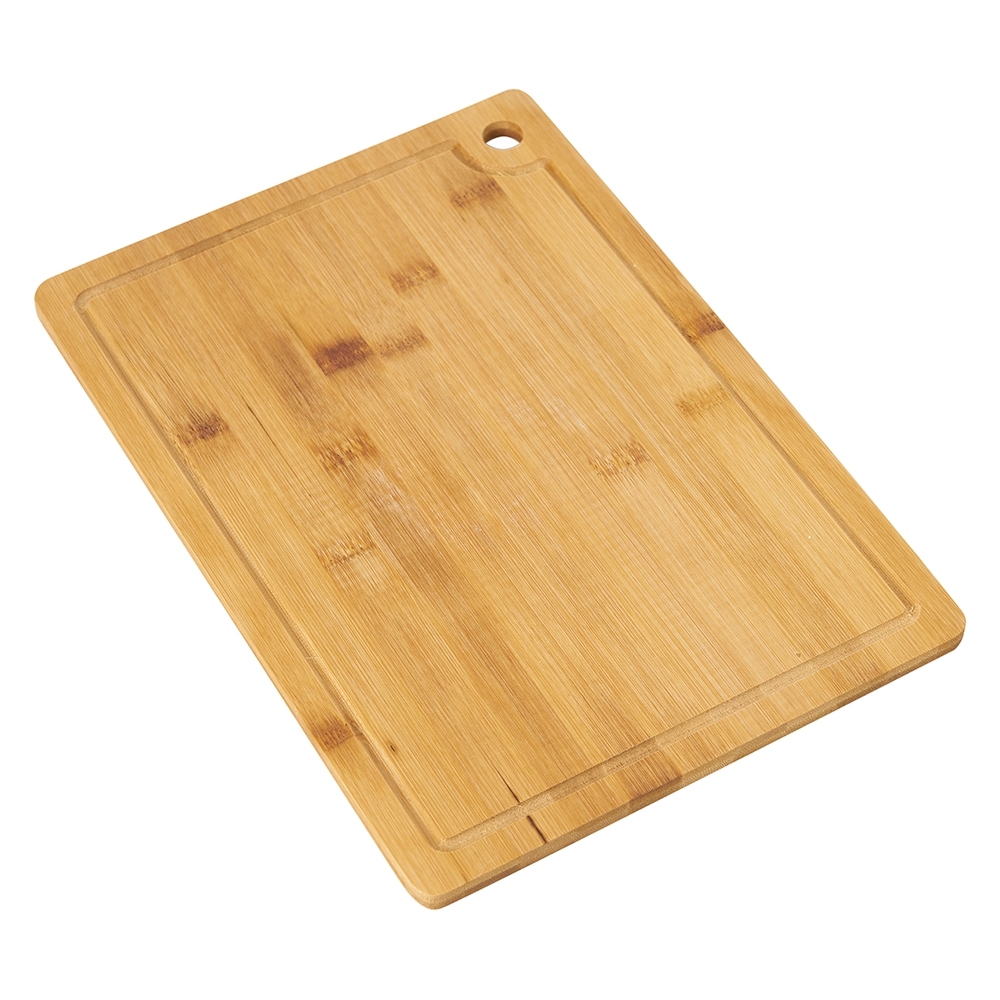 Tábua de corte de bambu com canaleta 34x24 na cor Madeira, personalizada com a logo da empresa