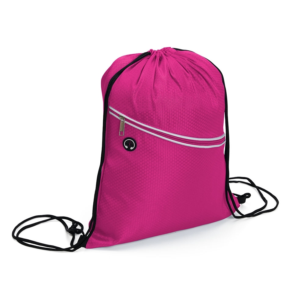 Sacochila poliéster impermeável (39 x 34,5 cm) personalizada com a logo da empresa, na cor rosa