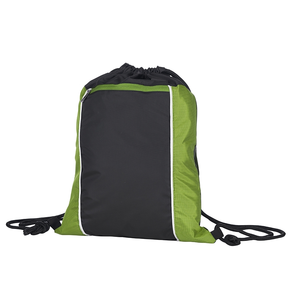Sacochila poliéster impermeável (44 x 34 cm) personalizada com a logo da empresa, na cor verde / preto