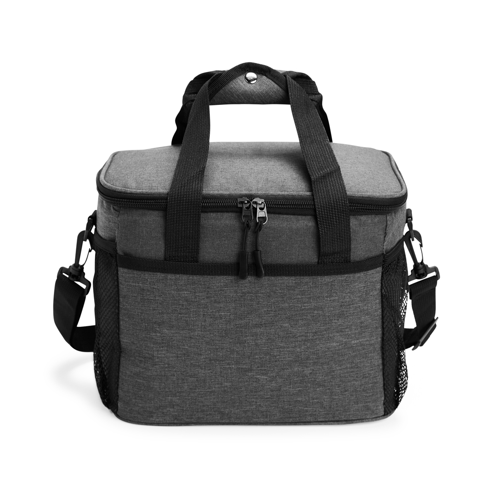 Bolsa térmica 14 litros de nylon com bolso frontal personalizada com a logo da empresa, na cor cinza / preto