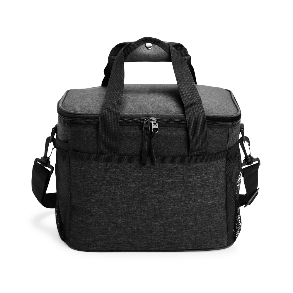 Bolsa térmica 14 litros de nylon com bolso frontal na cor Preto, personalizada com a logo da empresa