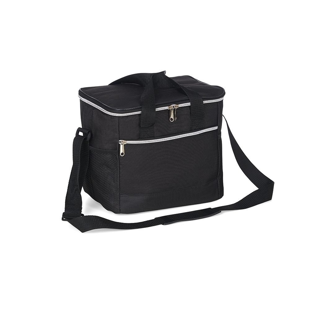 Bolsa térmica 15 litros de poliéster impermeável com bolso frontal na cor Preto, personalizada com a logo da empresa