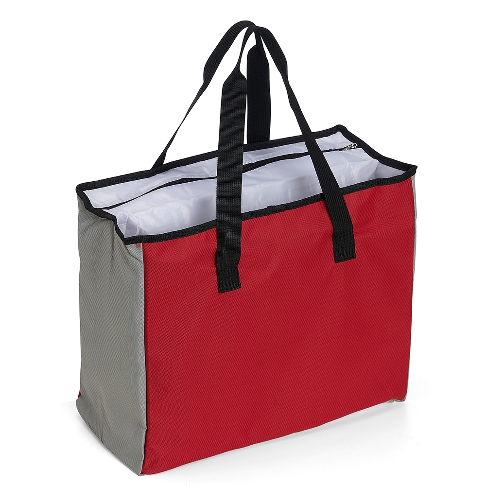 Sacola térmica de poliéster 25 litros personalizada com a logo da empresa, na cor vermelho / cinza