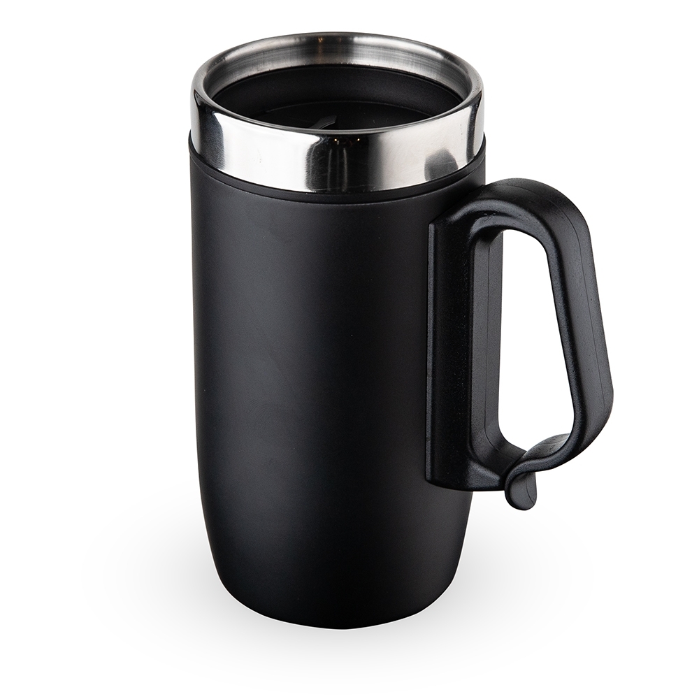 Caneca inox parede dupla 250 ml na cor Preto / Inox, personalizada com a logo da empresa