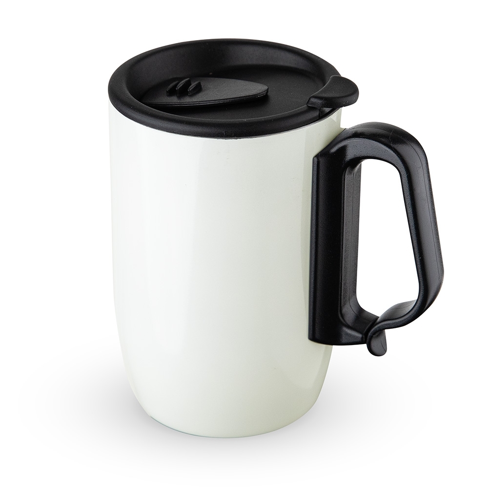 Caneca inox parede dupla 350 ml personalizada com a logo da empresa, na cor branco / preto