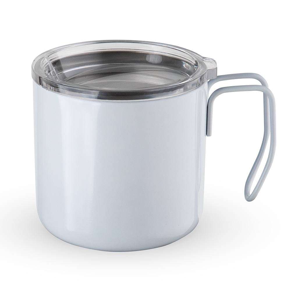 Caneca inox parede dupla 350 ml com alça de arame e tampa personalizada com a logo da empresa