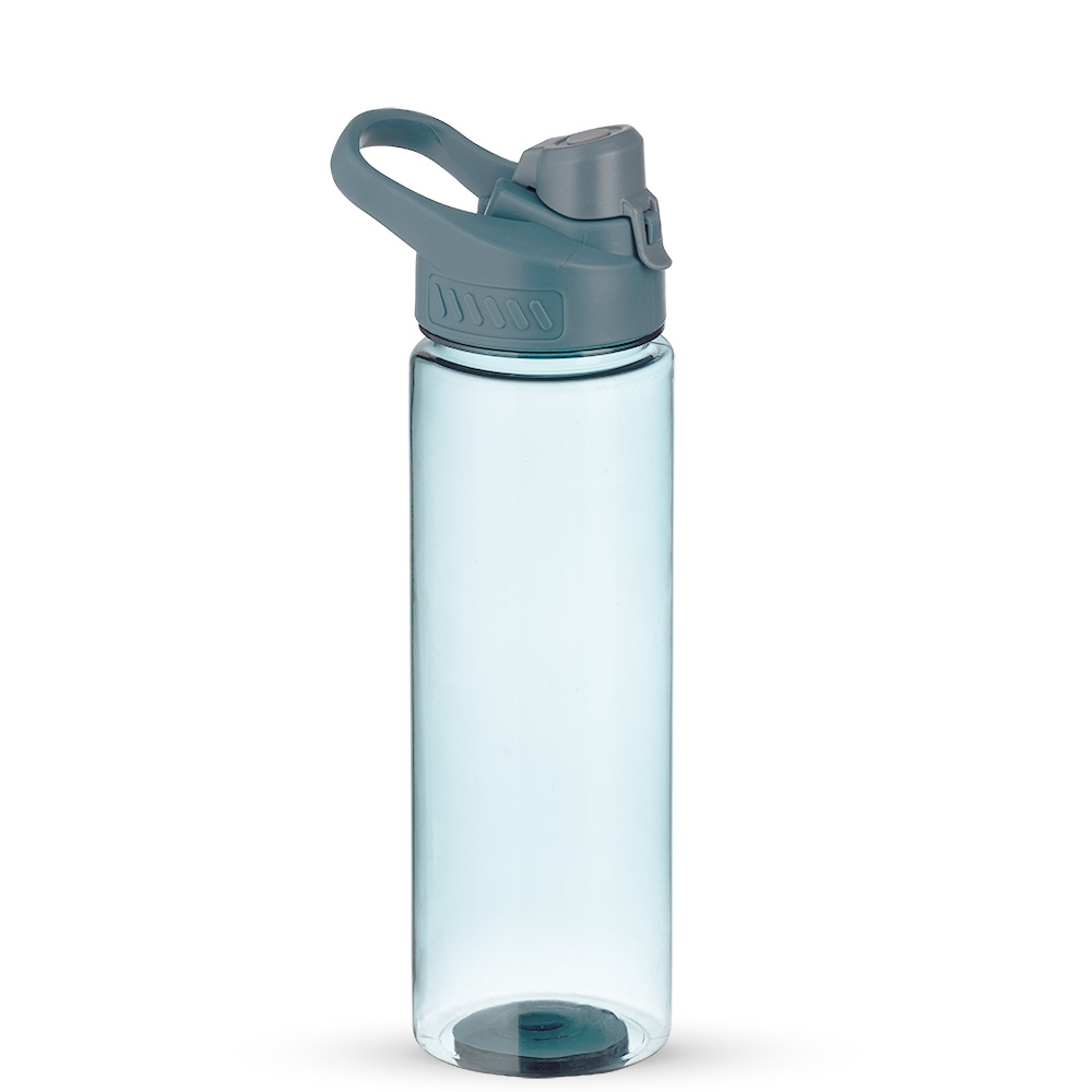Garrafa plástica 700 ml com alça e tampa de proteção com trava na cor Azul / Prata, personalizada com a logo da empresa