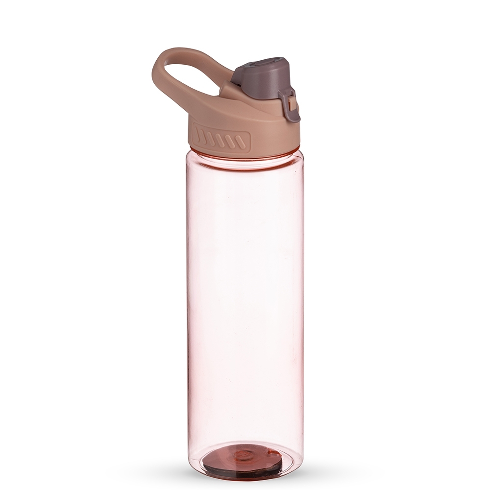 Garrafa plástica 700 ml com alça e tampa de proteção com trava personalizada com a logo da empresa, na cor rosa claro