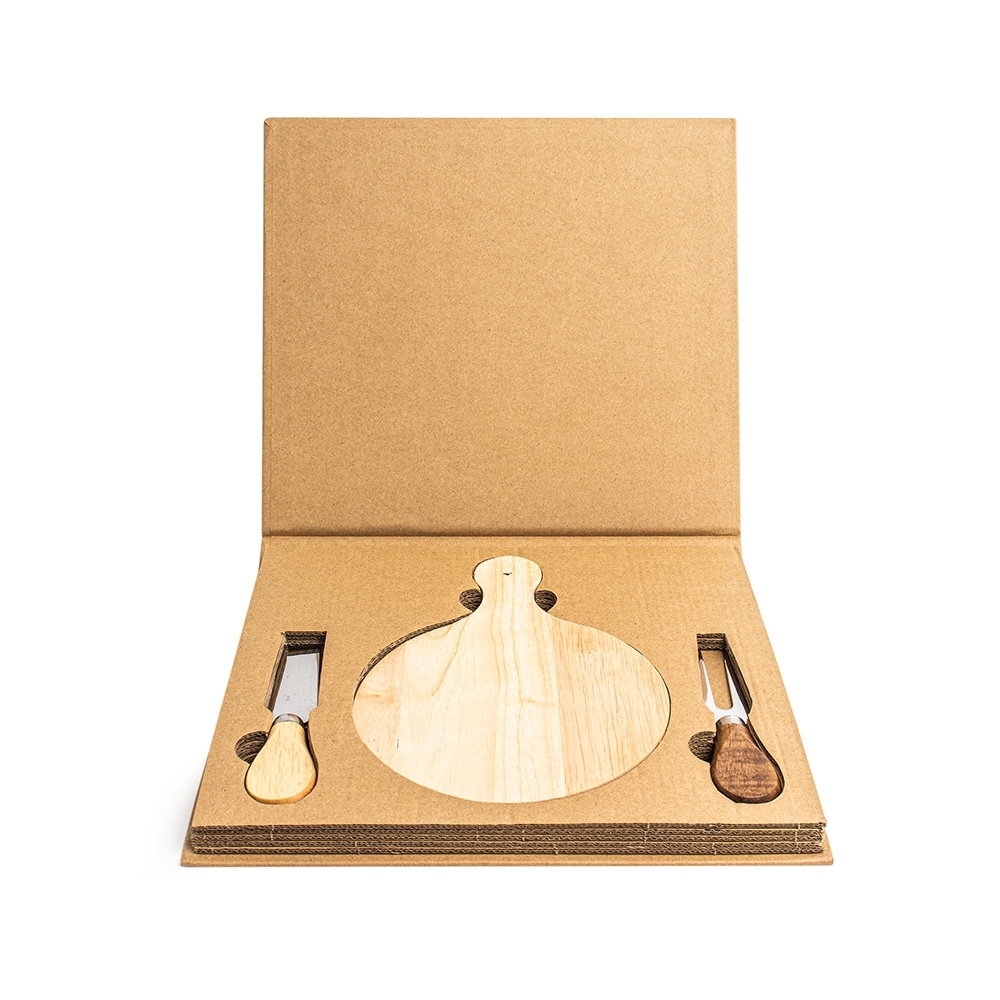 Kit queijo 2 peças + tábua redonda na cor Madeira / Marrom, personalizado com a logo da empresa