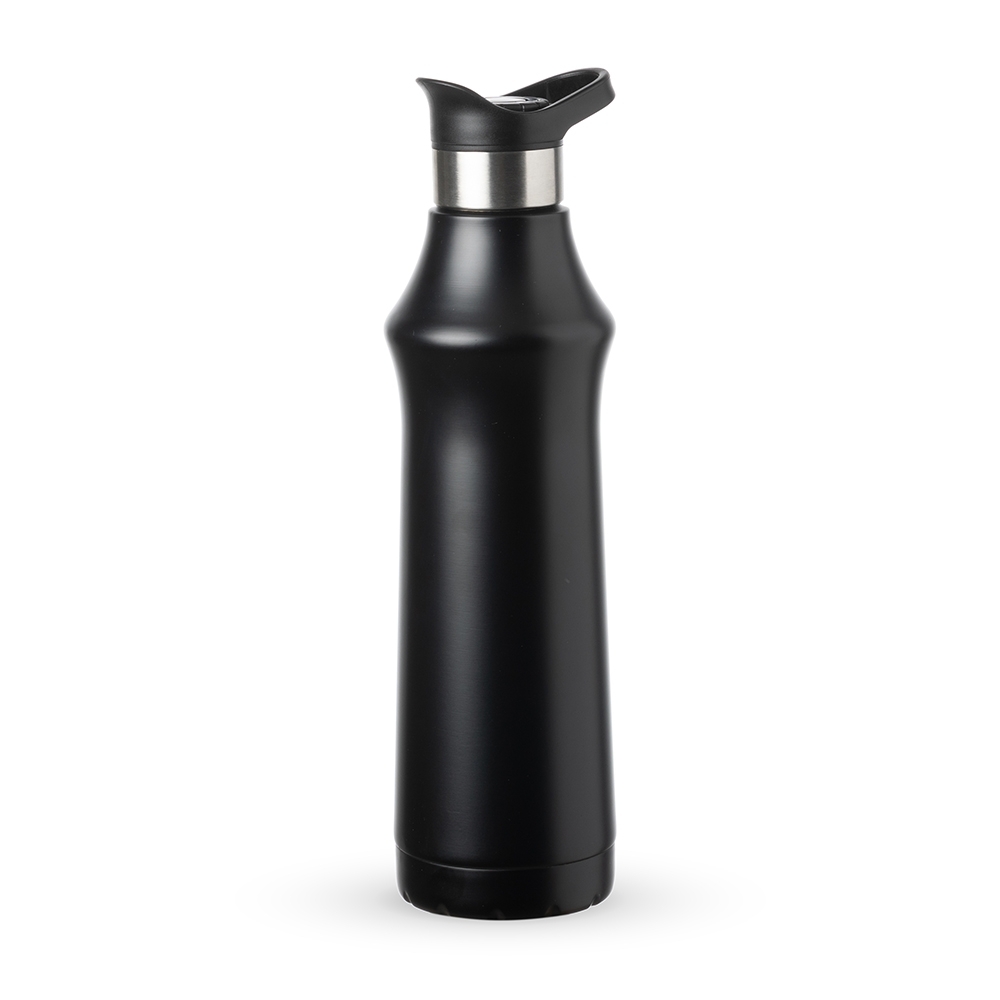 Garrafa térmica de 500 ml com tampa de botão e alça na cor Preto, personalizada com a logo da empresa