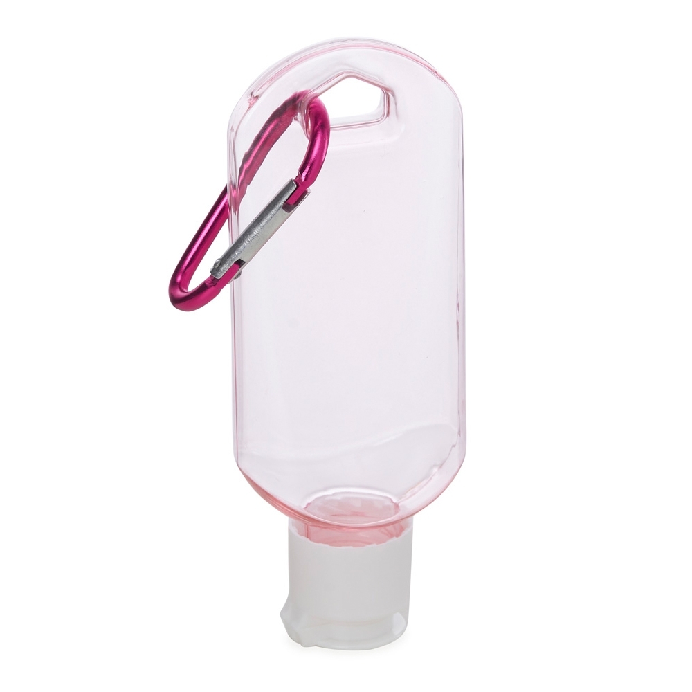 Frasco 55 ml com mosquetão na cor Rosa, personalizado com a logo da empresa