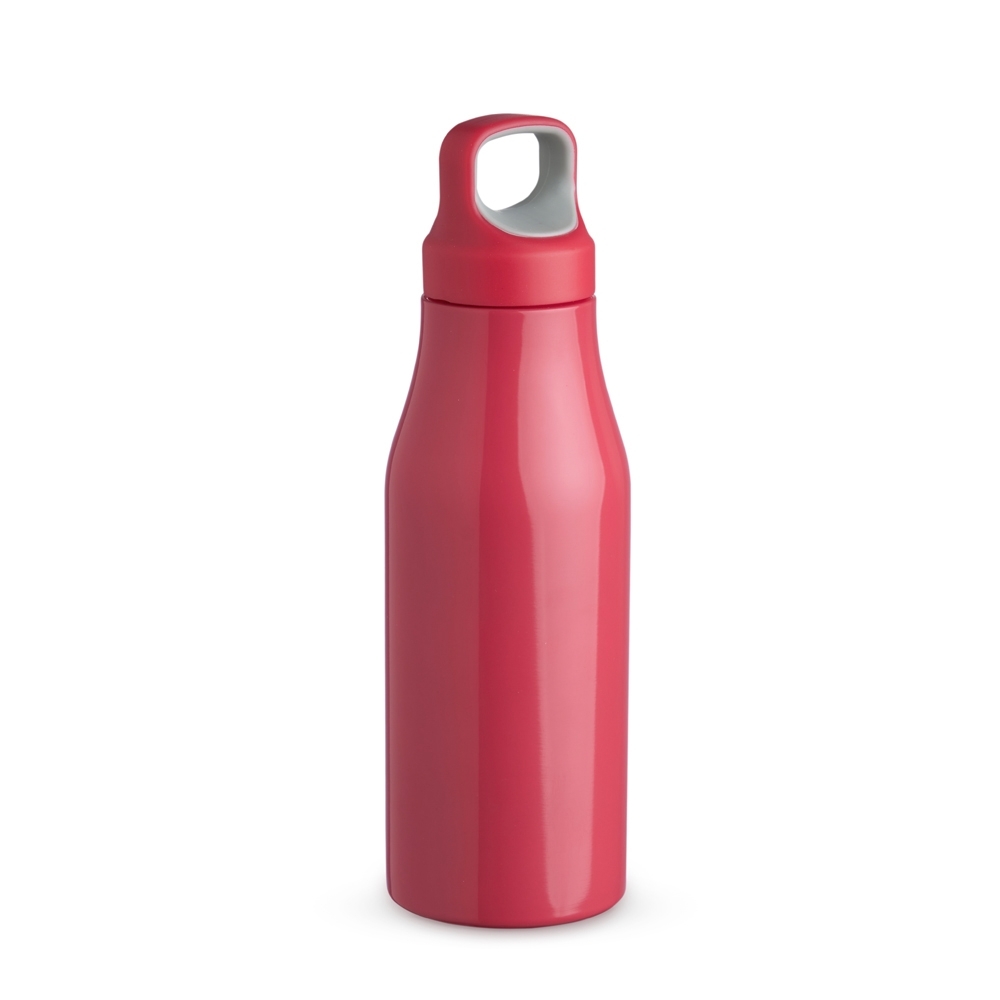 Garrafa inox 650 ml com alça personalizada com a logo da empresa, na cor rosa