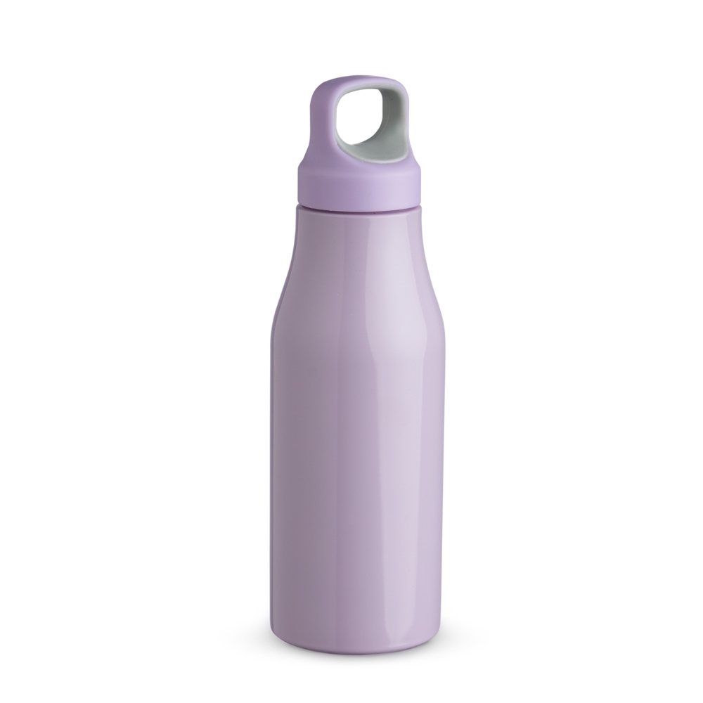 Garrafa inox 650 ml com alça personalizada com a logo da empresa, na cor roxo