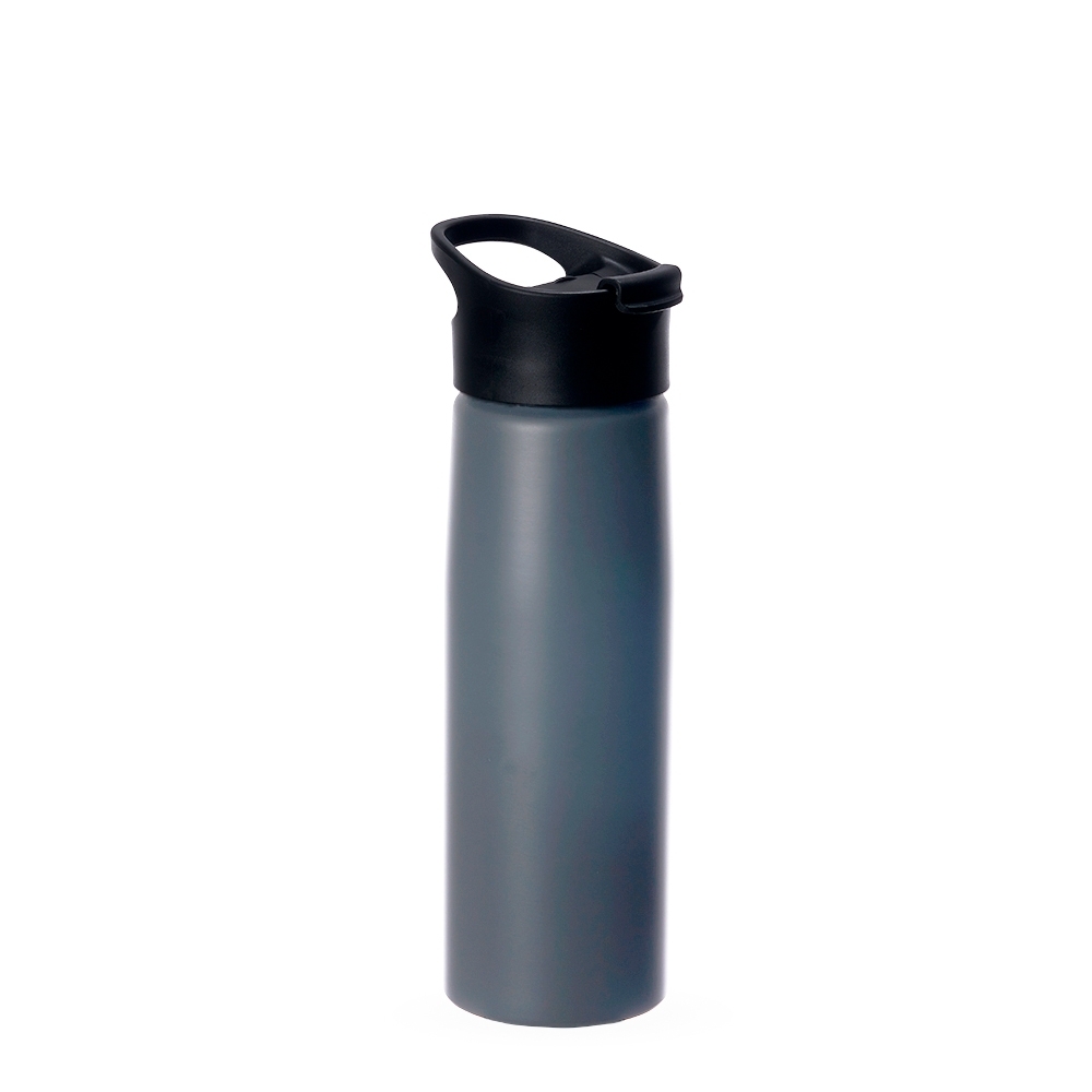 Squeeze de alumínio 750 ml fosco com bico e alça personalizado com a logo da empresa, na cor cinza / preto