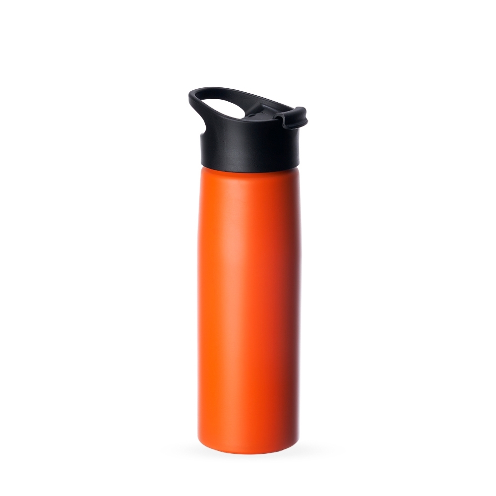 Squeeze de alumínio 750 ml fosco com bico e alça personalizado com a logo da empresa, na cor laranja / preto