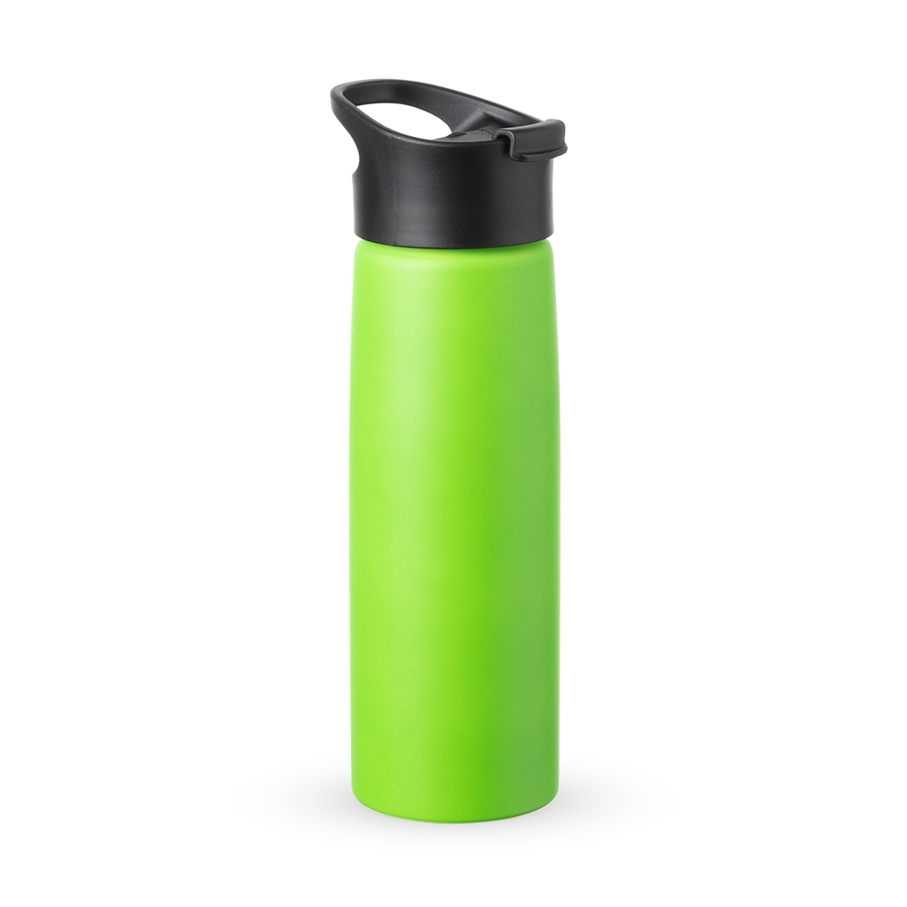 Squeeze de alumínio 750 ml fosco com bico e alça personalizado com a logo da empresa, na cor verde claro / preto
