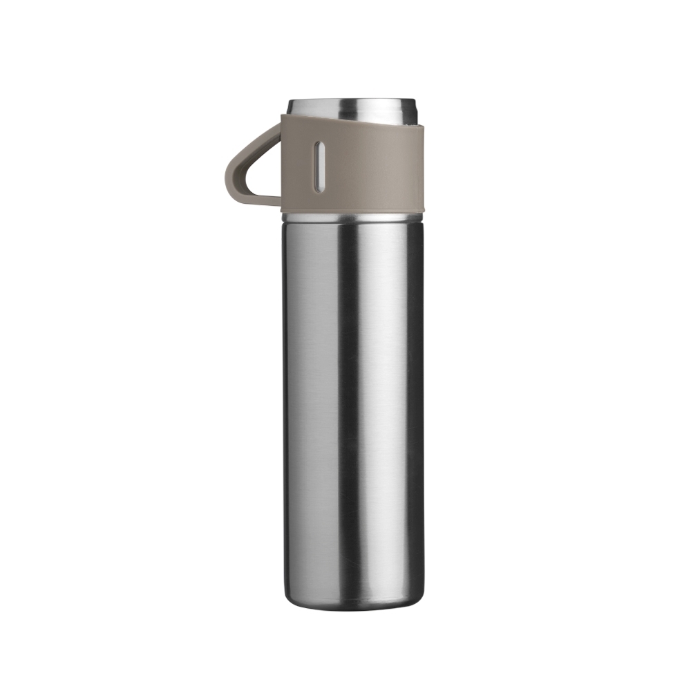 Garrafa térmica 450 ml de inox com tampa-copo personalizada com a logo da empresa, na cor inox / prata
