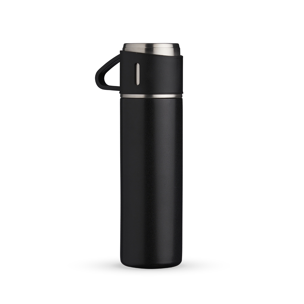 Garrafa térmica 450 ml de inox com tampa-copo na cor Preto / Inox, personalizada com a logo da empresa