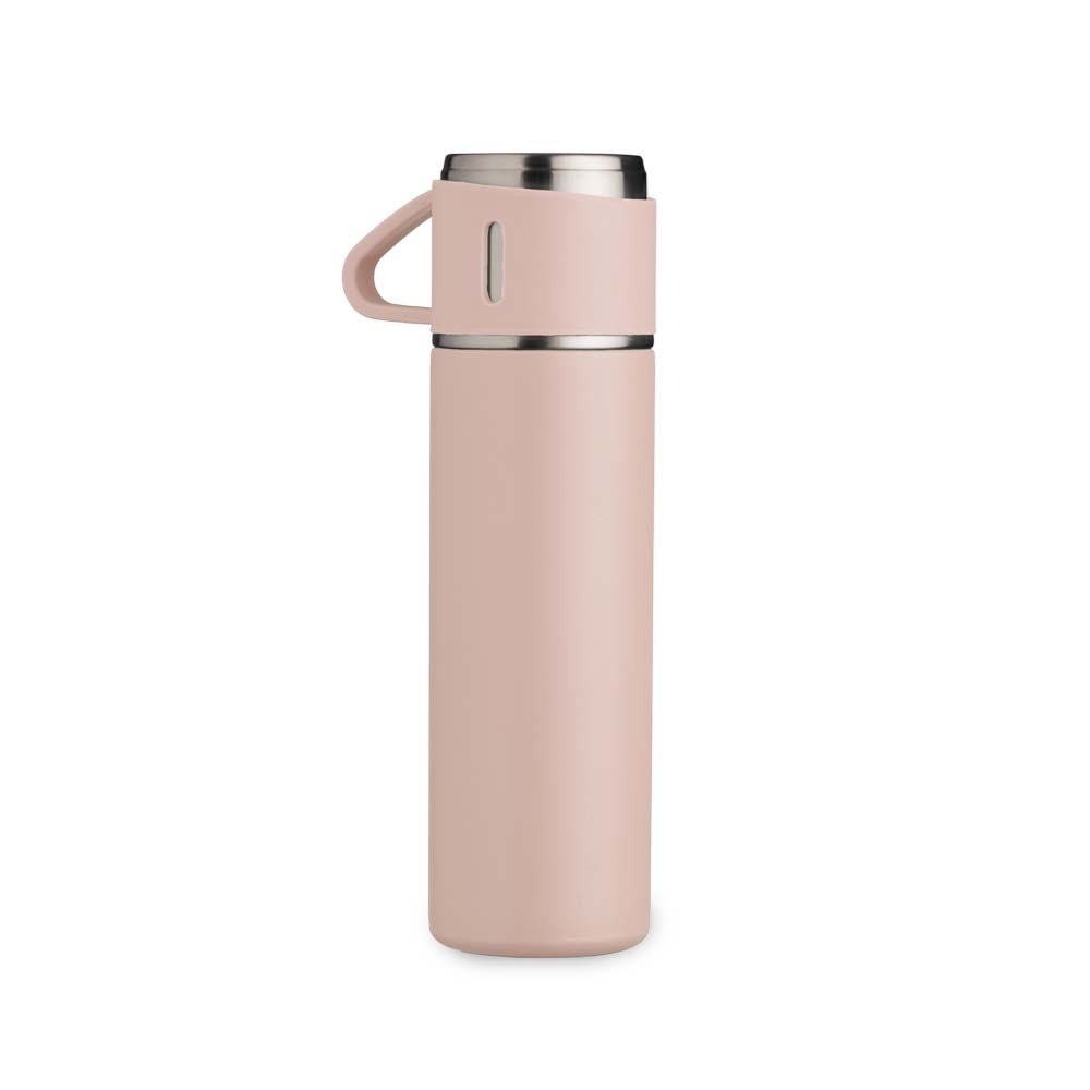 Garrafa térmica 450 ml de inox com tampa-copo personalizada com a logo da empresa, na cor rosa / inox