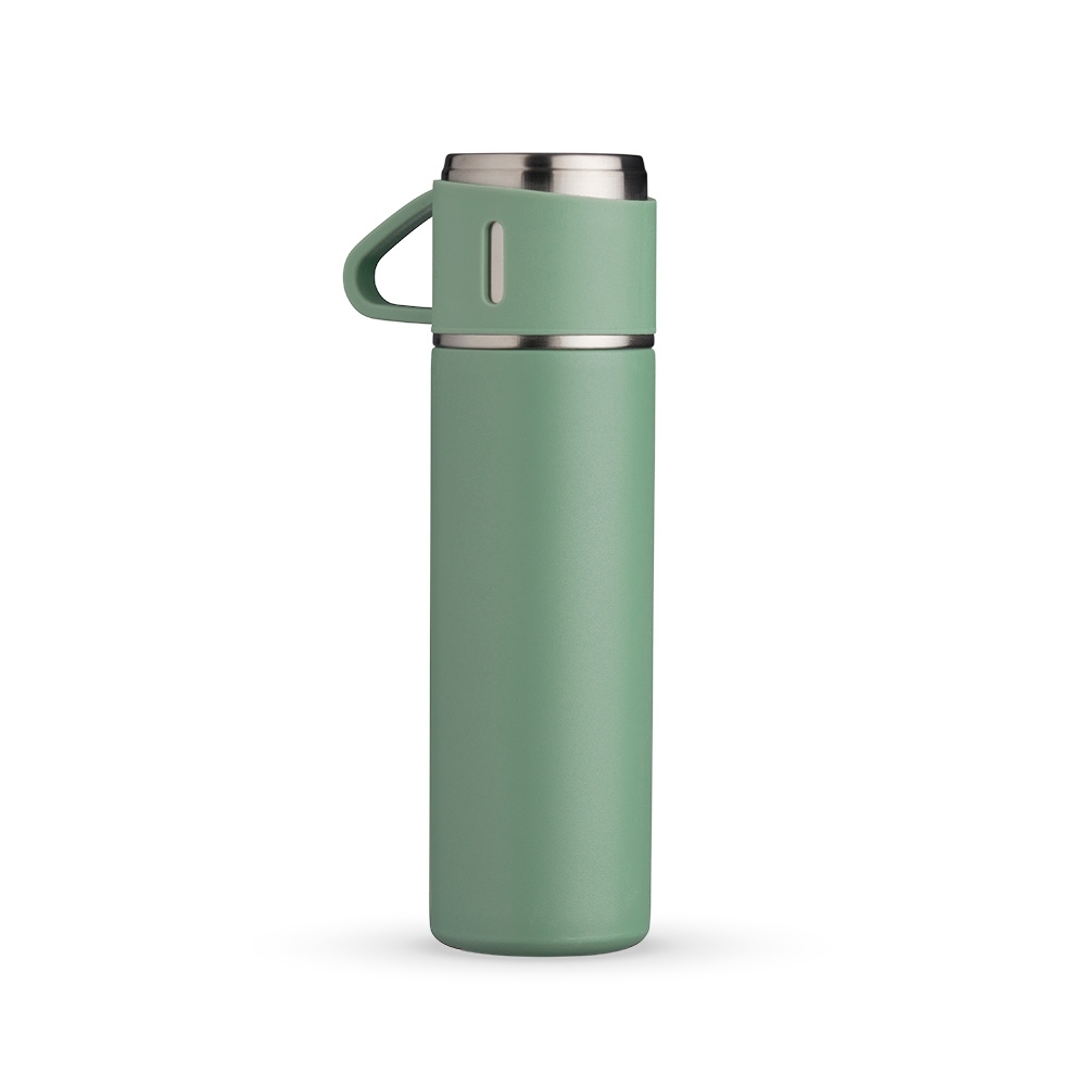 Garrafa térmica 450 ml de inox com tampa-copo personalizada com a logo da empresa, na cor verde / inox
