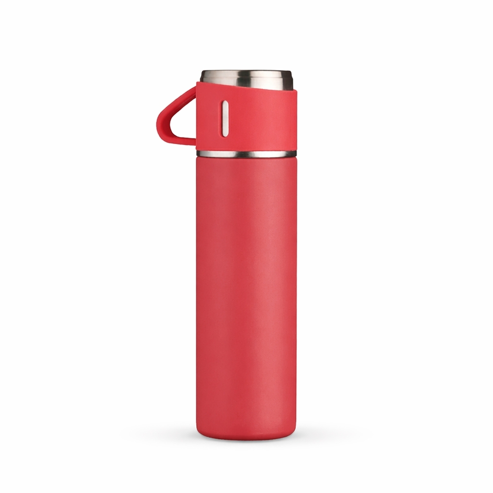 Garrafa térmica 450 ml de inox com tampa-copo personalizada com a logo da empresa, na cor vermelho