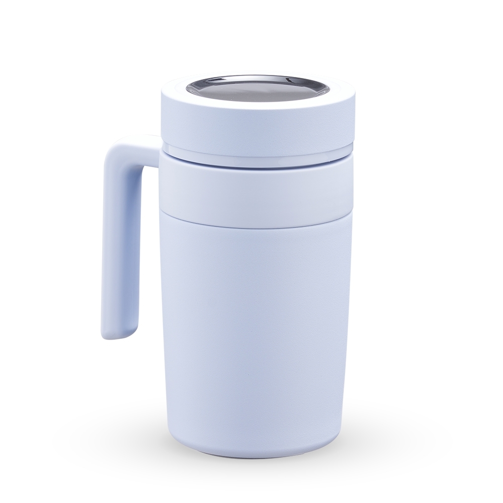 Caneca térmica 500 ml de inox com termômetro e infusor personalizada com a logo da empresa, na cor azul