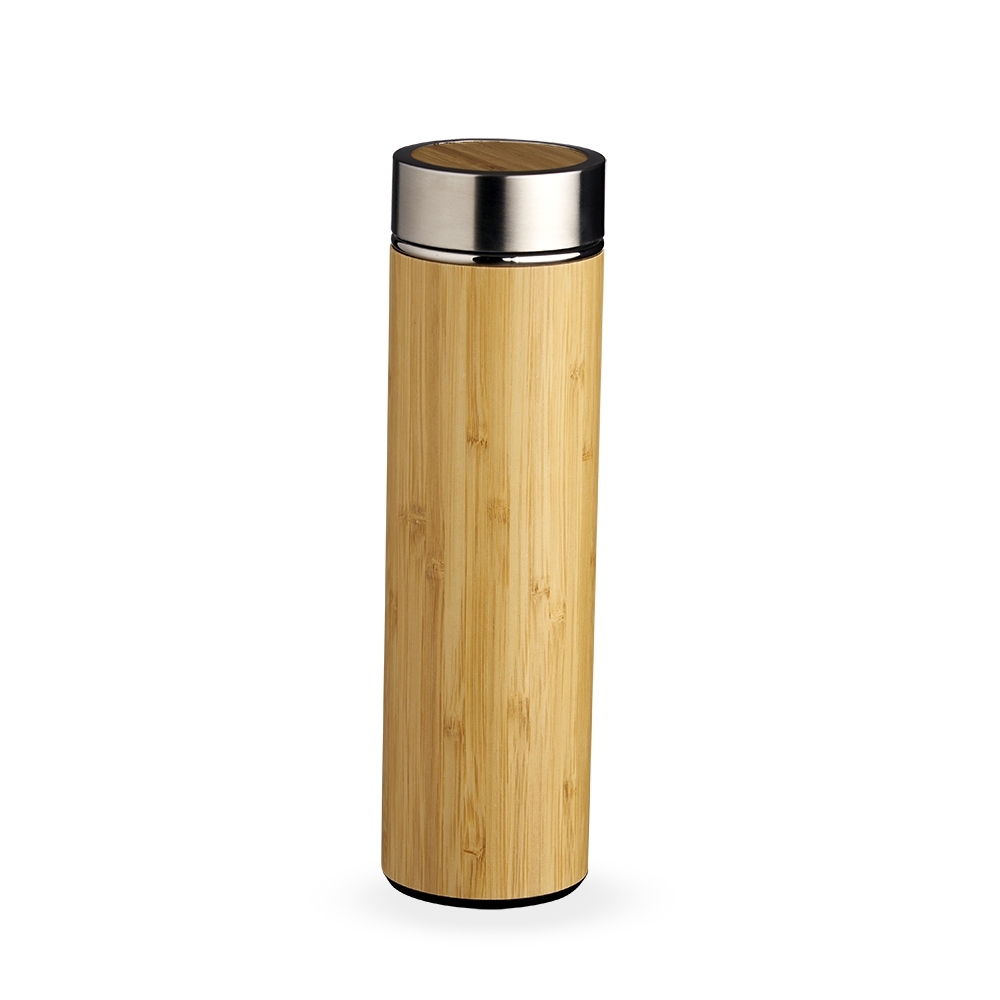 Garrafa de bambu 500 ml de parede dupla com infusor na cor Madeira, personalizada com a logo da empresa