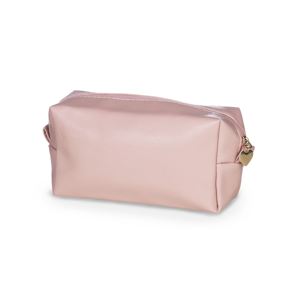 Necessaire impermeável em PU personalizada com a logo da empresa, na cor rosa claro