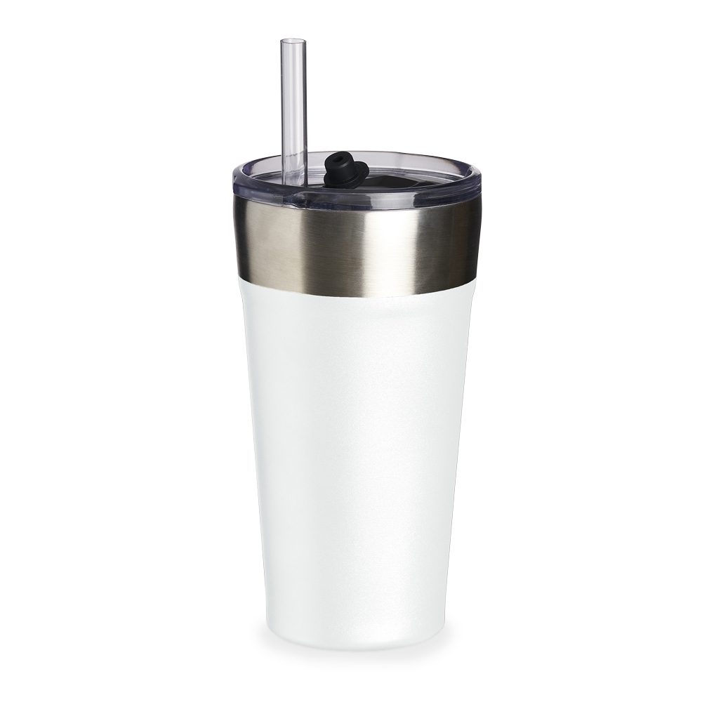 Copo térmico 500 ml com canudo e abridor na base personalizado com a logo da empresa, na cor branco / inox