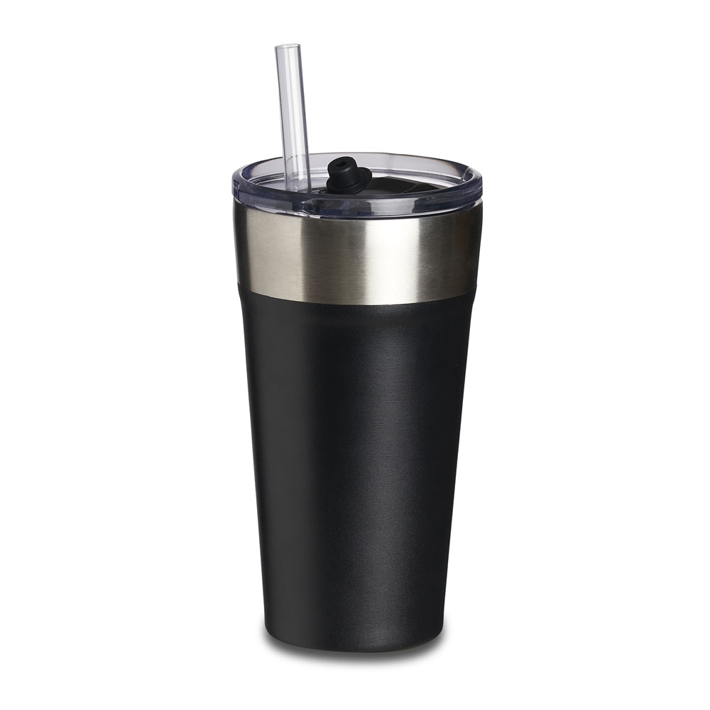 Copo térmico 500 ml com canudo e abridor na base personalizado com a logo da empresa, na cor preto / inox