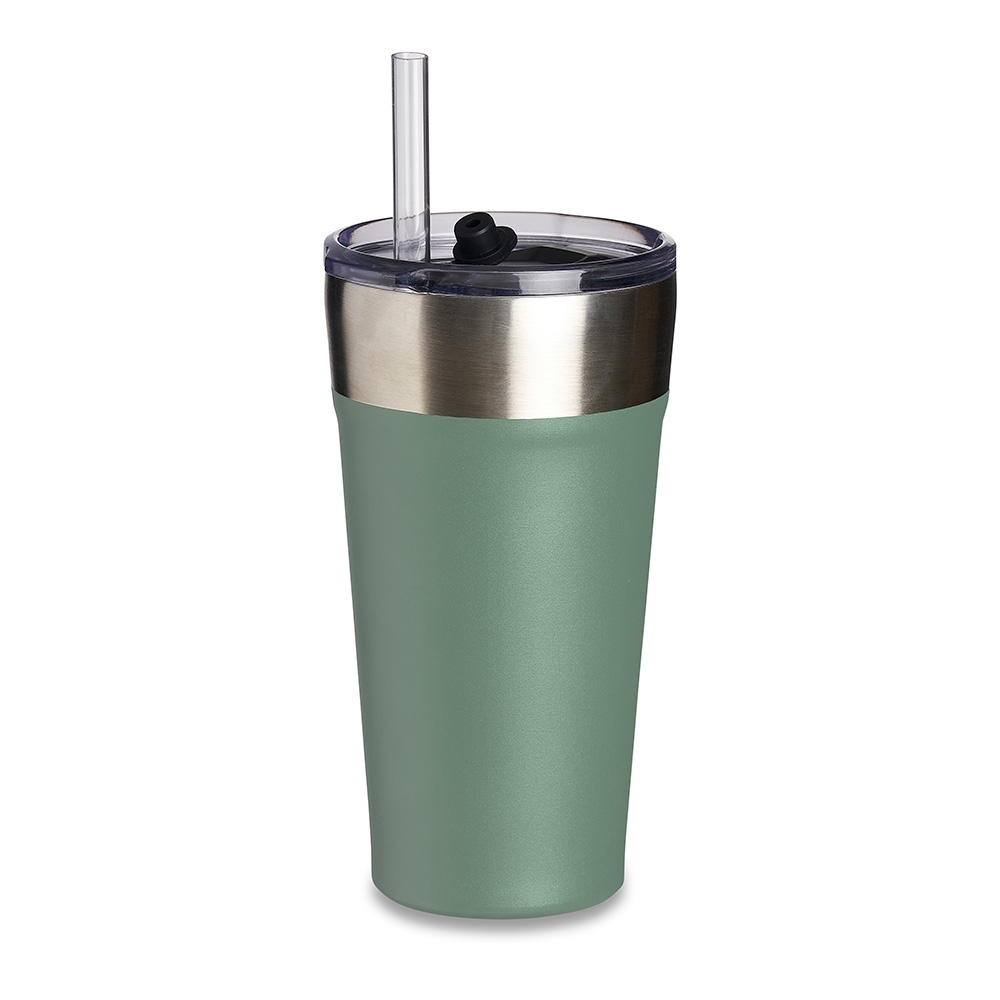 Copo térmico 500 ml com canudo e abridor na base personalizado com a logo da empresa, na cor verde / inox