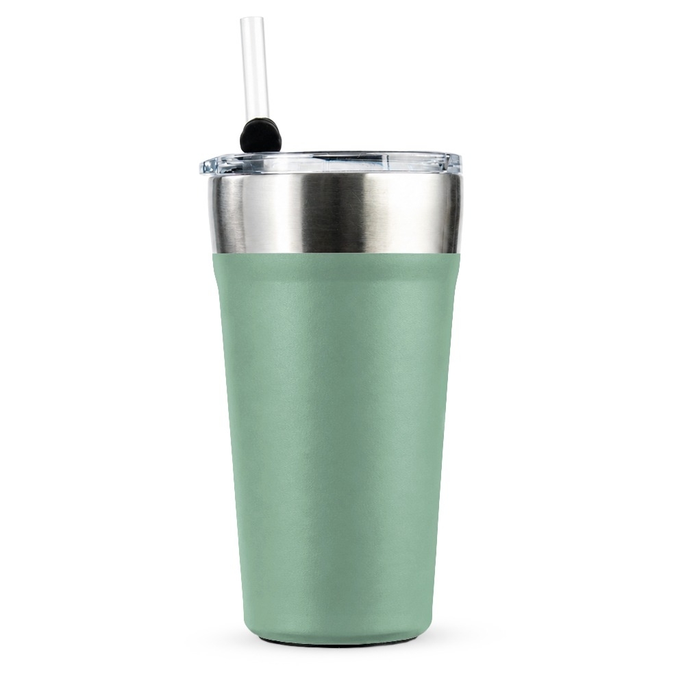 Copo térmico 500 ml com canudo e abridor na base na cor Verde, personalizado com a logo da empresa