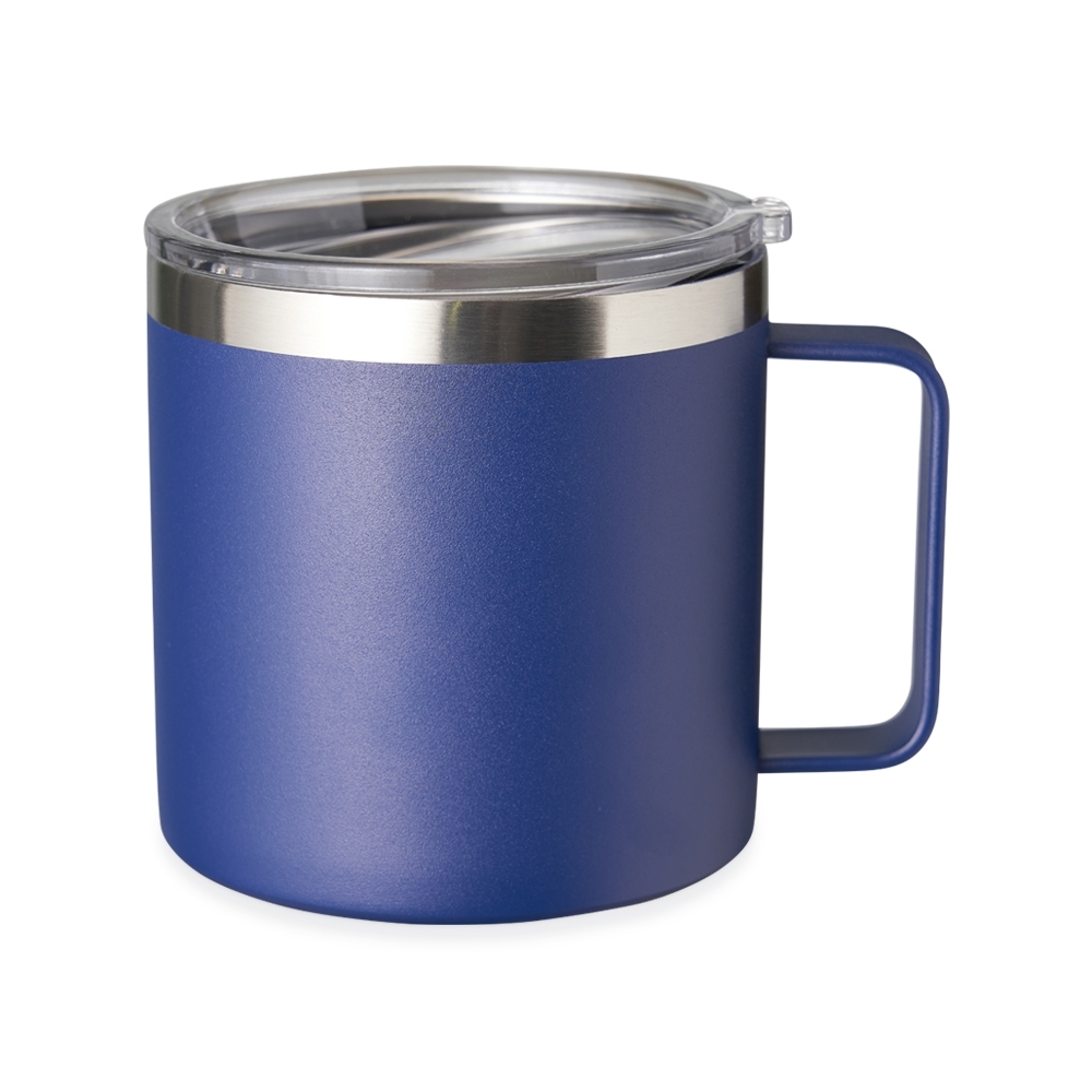 Caneca térmica 450 ml de inox personalizada com a logo da empresa, na cor azul / inox