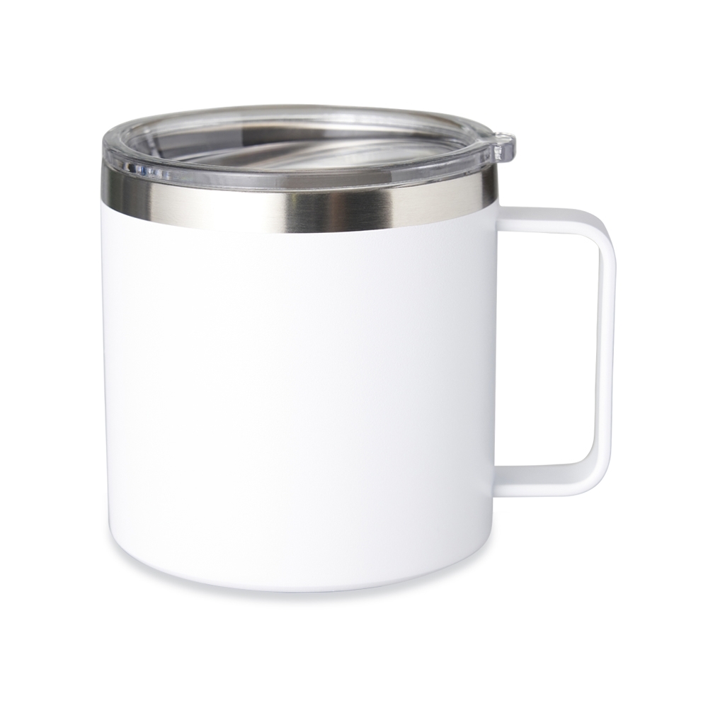 Caneca térmica 450 ml de inox personalizada com a logo da empresa, na cor branco / inox