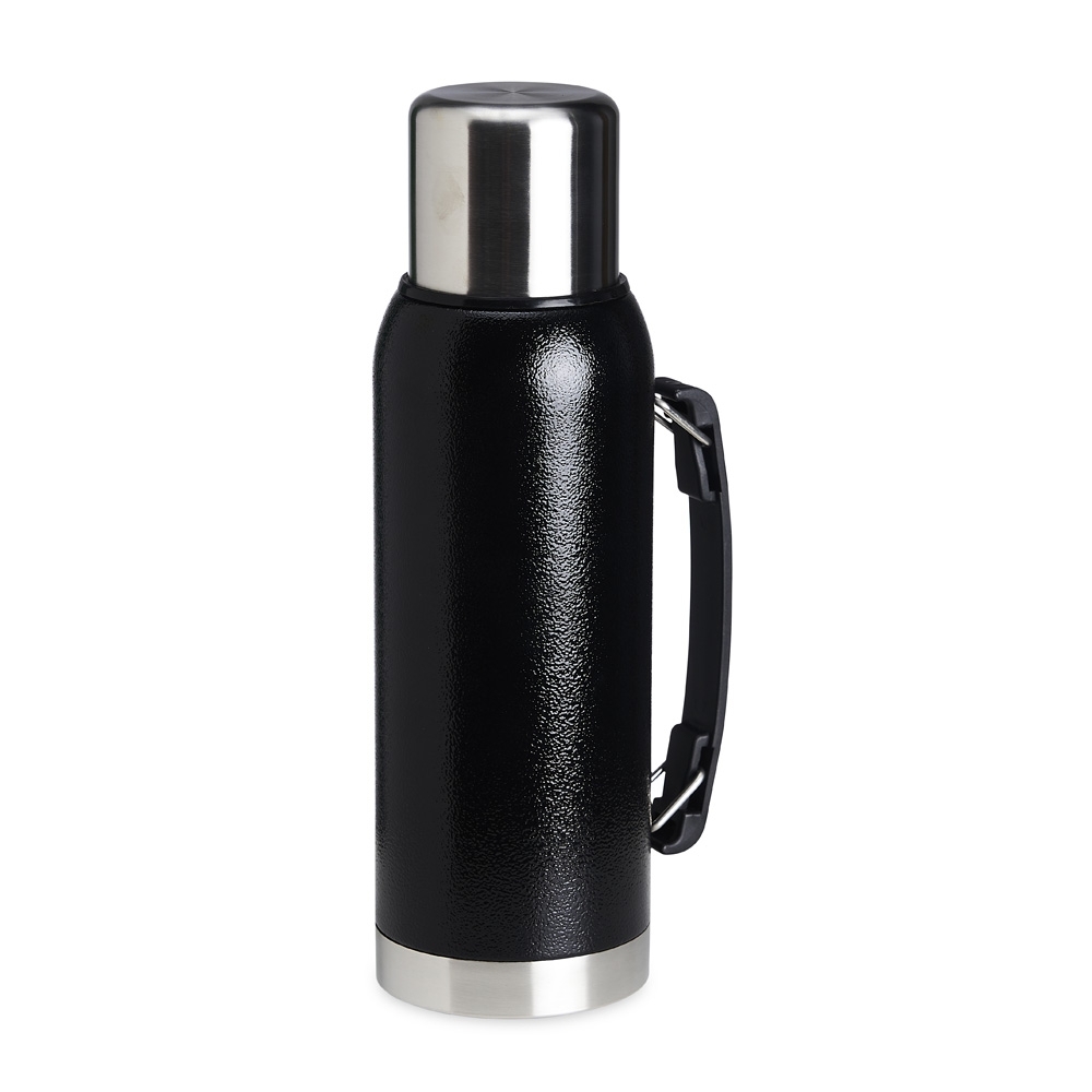 Garrafa térmica 1 litro textura de inox com alça na cor Preto, personalizada com a logo da empresa