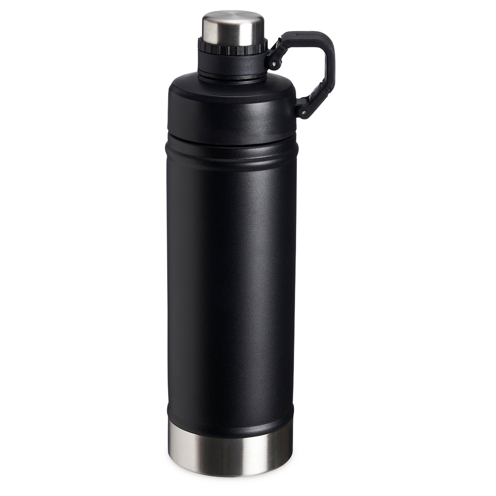 Garrafa térmica 700 ml de inox com bocal e tampa protetora com alça na cor Preto / Inox, personalizada com a logo da empresa